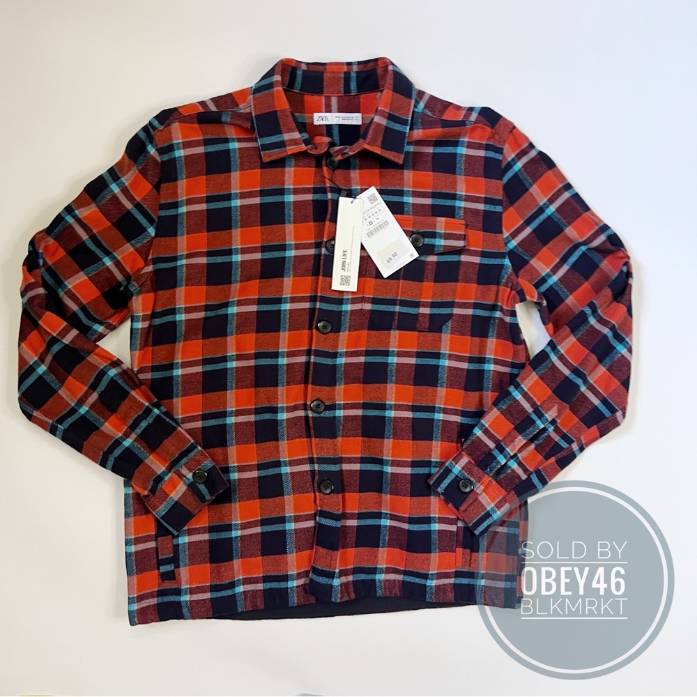 Zara Plaid Flannel Overshirt Orange w/ side pockets Size M